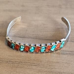 Vintage Southwestern Crushed Turquoise & Coral Diagonal Cuff Bracelet
